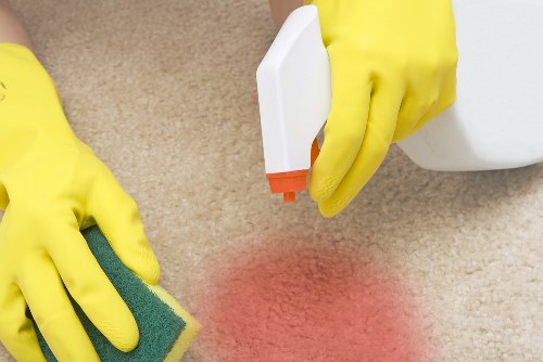 Cleaning professional carrying out a safe service with protective procedures in place