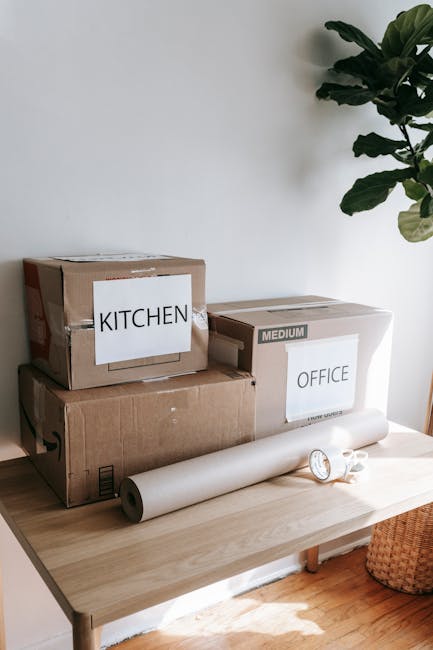 A wooden table in a well-lit room holds three cardboard boxes labeled 'KITCHEN', 'OFFICE', and 'MEDIUM' with handwritten labels. The boxes are stacked, with the 'KITCHEN' box on top, situated beside a large green leafy plant with broad leaves. The room has a smooth white wall background and a hardwood floor; sunlight casts soft shadows over the items. Also on the table are a rolled-up white paper or blueprint, a small metal flashlight, and a delicate white object, possibly a small container or accessory. This setting reflects an environment undergoing organisation or move-out preparation, relevant to deep cleaning and surface sanitation tasks. Notting Hill Cleaners specializes in domestic cleaning, and their detailed approach ensures surfaces such as wood, cardboard, and plant leaves are kept dust-free, polished, and hygienic, supporting a clean and allergen-free living space in line with their move-out cleaning checklists for Ladbroke Grove flats.